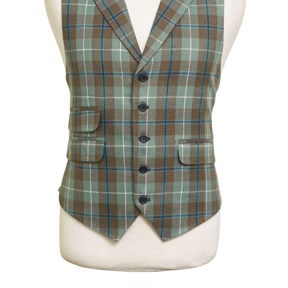 Mens Vest 44R Plaid Wool Green Brown Waistcoat XL Western Casual Preppy Wedding - Picture 5 of 9
